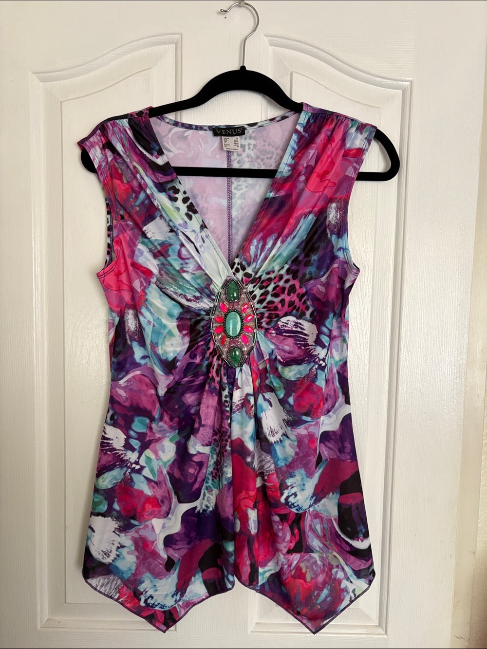 VENUS Purple Multi Sleeveless V-Neck Tunic with Gem Accent